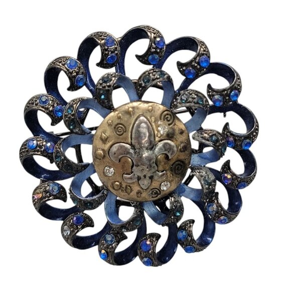 Fleur De Lis Swirl Brooch Royal Blue Gun Metal Gray Rhinestone Sparkle - Picture 1 of 15